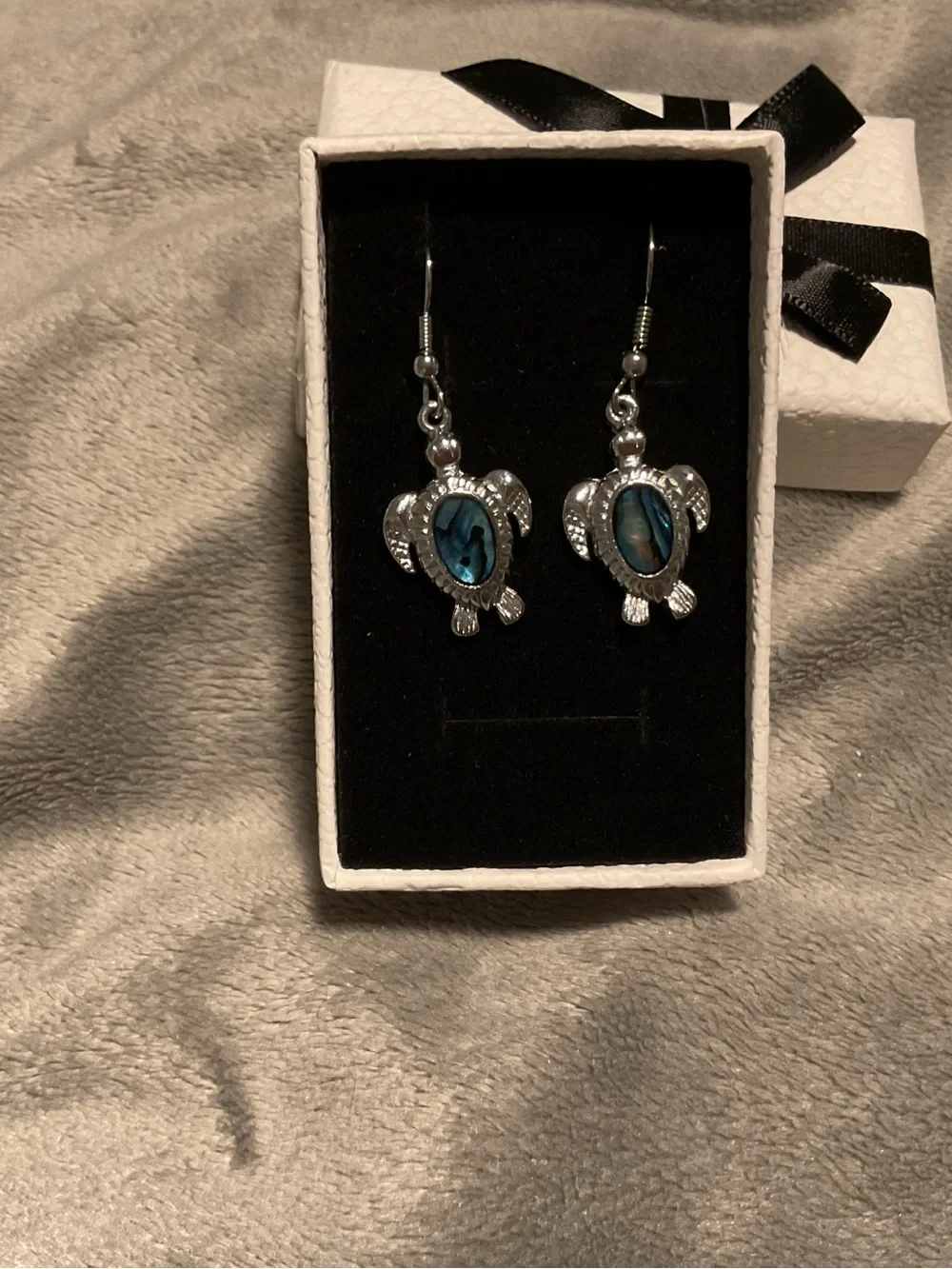 Silver Turtle Dangle Earrings with Blue Abalone Inlay
